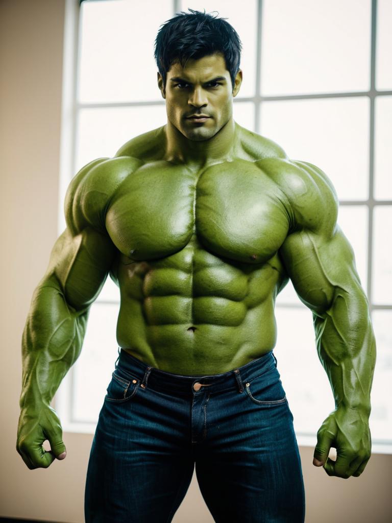 Realistic Hulk Man with Muscular Green Body in Jeans