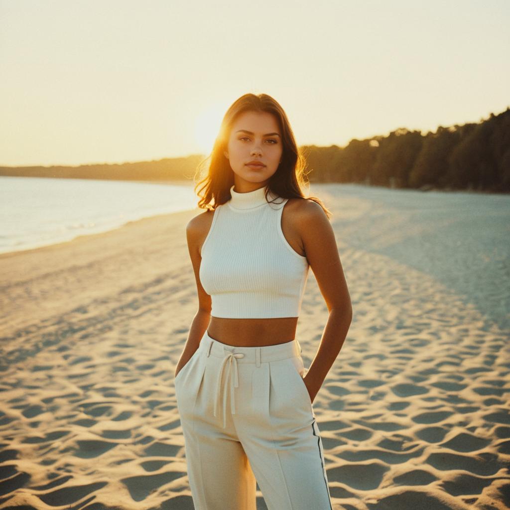 Young Woman in White Outfit on Beach at Sunset