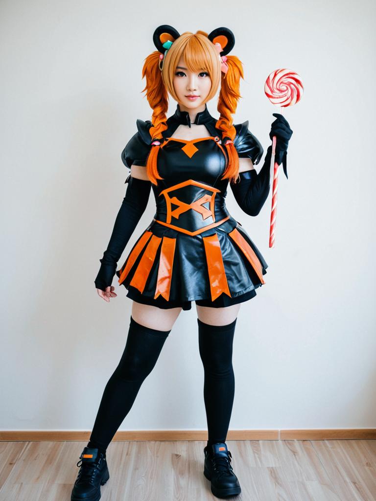 Arknights Gummy Cosplay Woman with Lollipop in Black and Orange Outfit