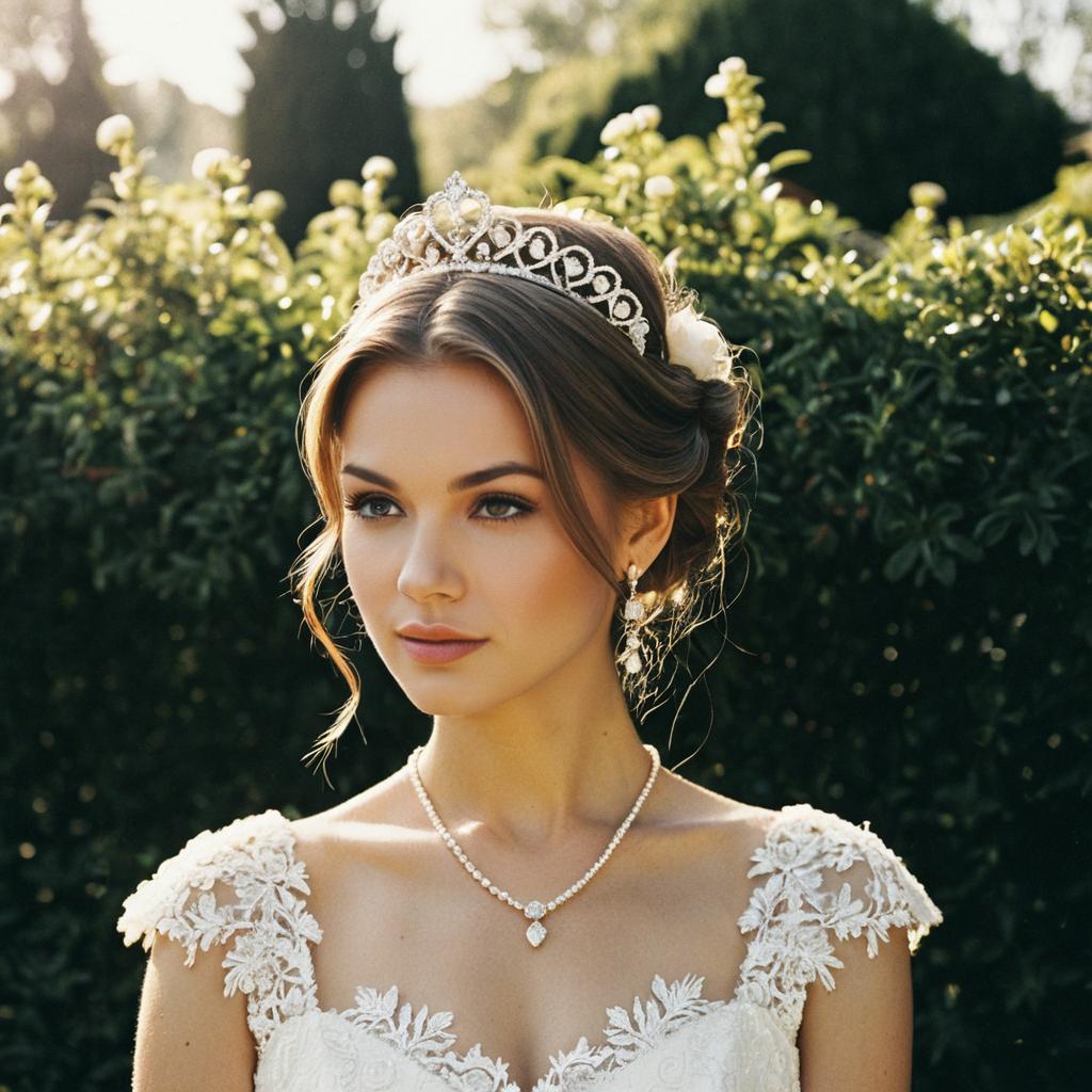 Elegant Bride in Lace Wedding Dress with Tiara Outdoors