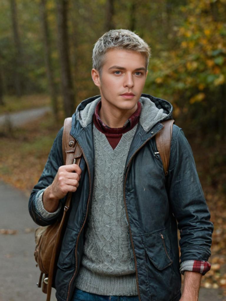 Young man in grey sweater and leather jacket walking in autumn forest