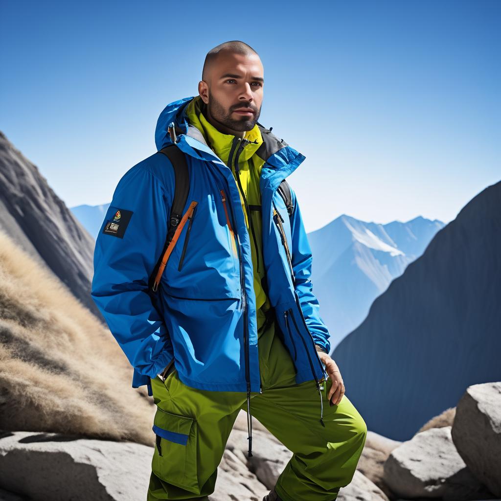 Man in Vibrant Outdoor Gear Against Mountain Backdrop