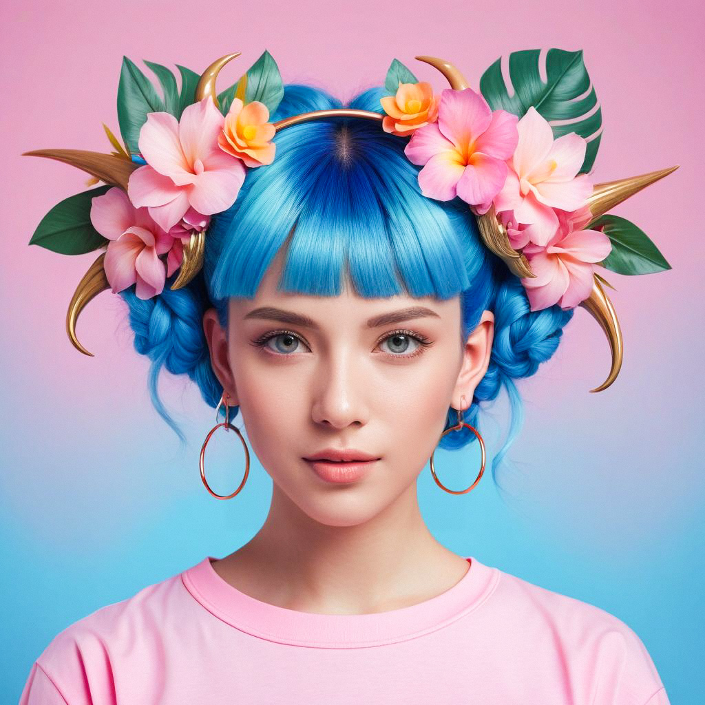 Woman with Blue Braids and Tropical Flowers