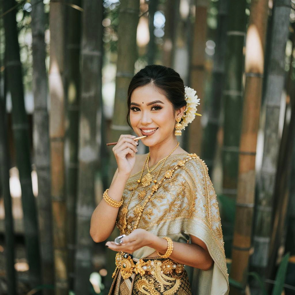 Traditional Southeast Asian Woman in Gold Jewelry and Embroidered Attire by Bamboo