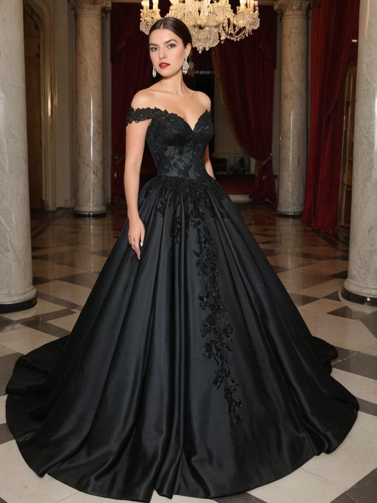 Elegant Woman in Off-Shoulder Black Gown in Grand Hall