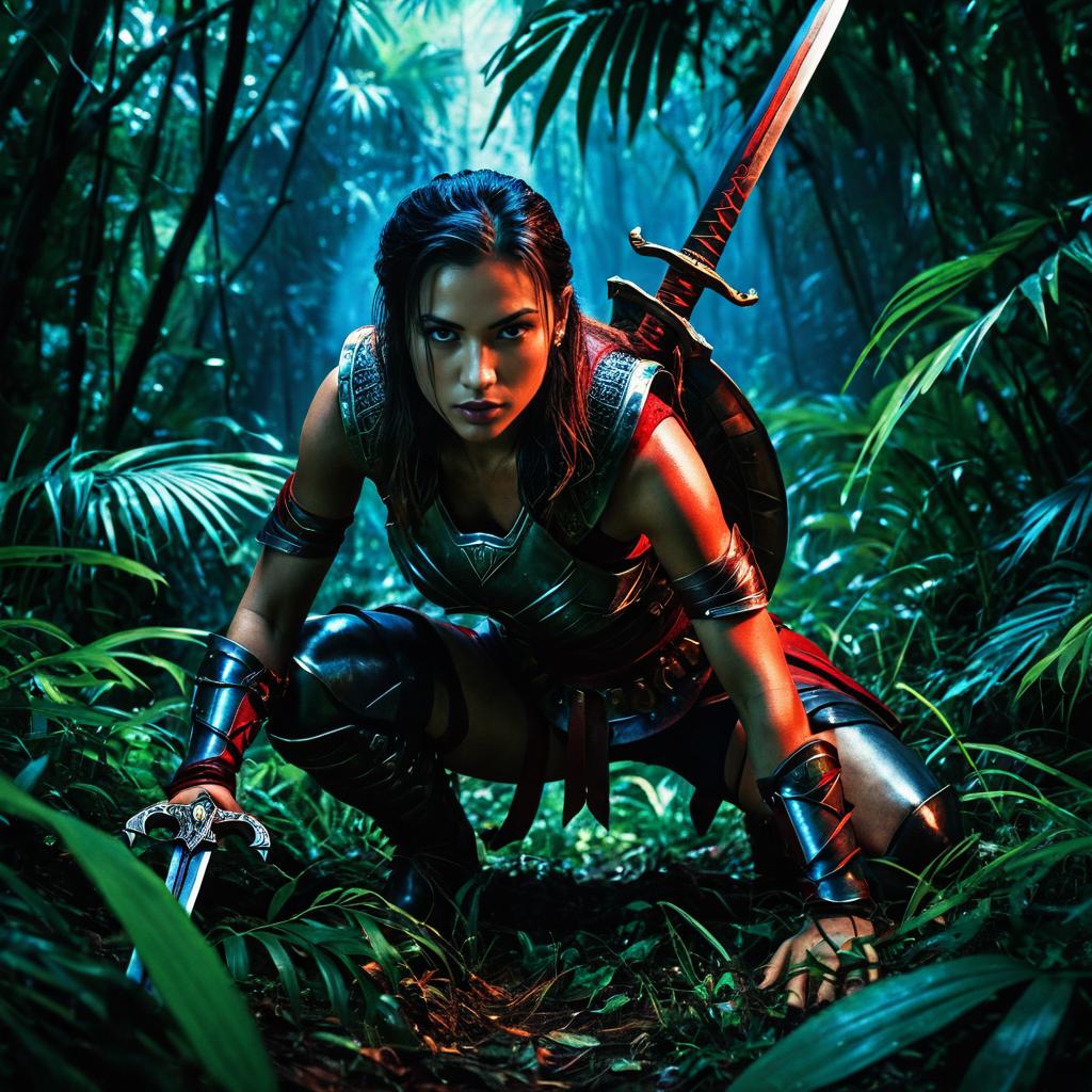 Woman Warrior in Armor Ready for Battle in Jungle