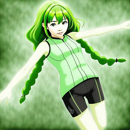Anime Girl with Green Braided Hair in Sporty Outfit Digital Illustration