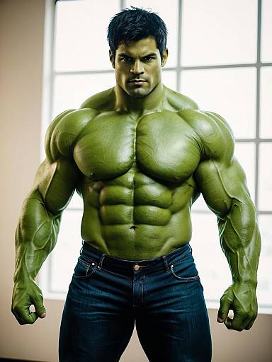 Realistic Hulk Man with Muscular Green Body in Jeans