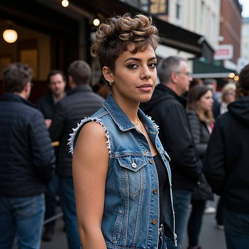 Urban Portrait of Confident Woman in Denim Jacket on Busy Street