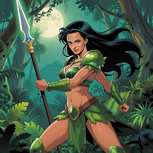 Fierce Woman Warrior in Green Armor Holding Spear in Jungle Fantasy Art