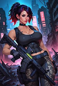 Cyberpunk Woman Warrior with Rifle in Futuristic Urban Battlefield
