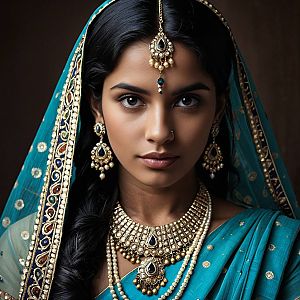Woman in Traditional Indian Attire with Blue Dupatta and Jewelry