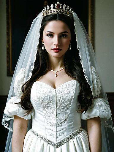 Elegant Madonna-Inspired Wedding Costume Featuring Woman in Embroidered White Dress with Crown