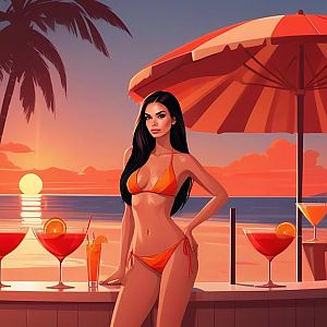 Confident Woman at Beachside Bar during Sunset