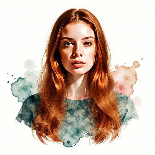 Digital Watercolor Portrait of Red-Haired Woman with Freckles