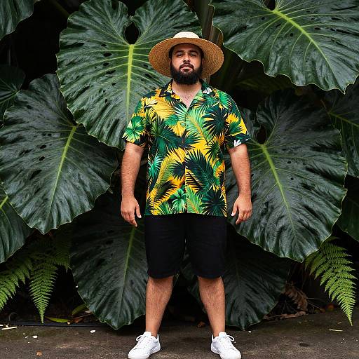Man in Tropical Hawaiian Shirt and Straw Hat in Lush Greenery
