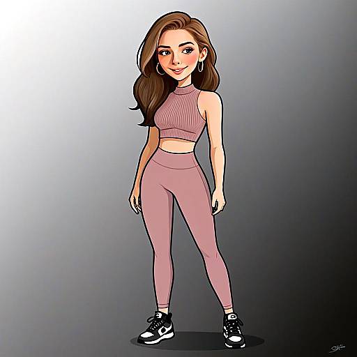 Stylish Woman in Mauve Athletic Wear Cartoon Illustration