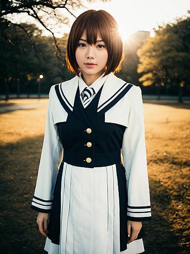 Realistic Cosplay Woman as Ui Hirasawa in Sailor Uniform Outdoors