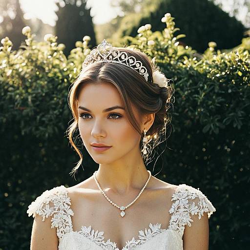 Elegant Bride in Lace Wedding Dress with Tiara Outdoors