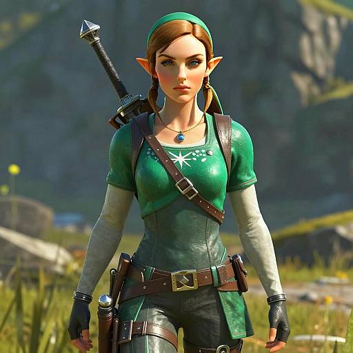 Fantasy Elf Woman Adventurer in Green Outfit with Sword 3D Character
