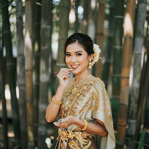 Traditional Southeast Asian Woman in Gold Jewelry and Embroidered Attire by Bamboo