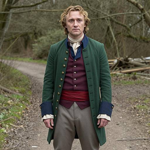 Man in 18th Century Costume Standing on Forest Path in Period Drama Style