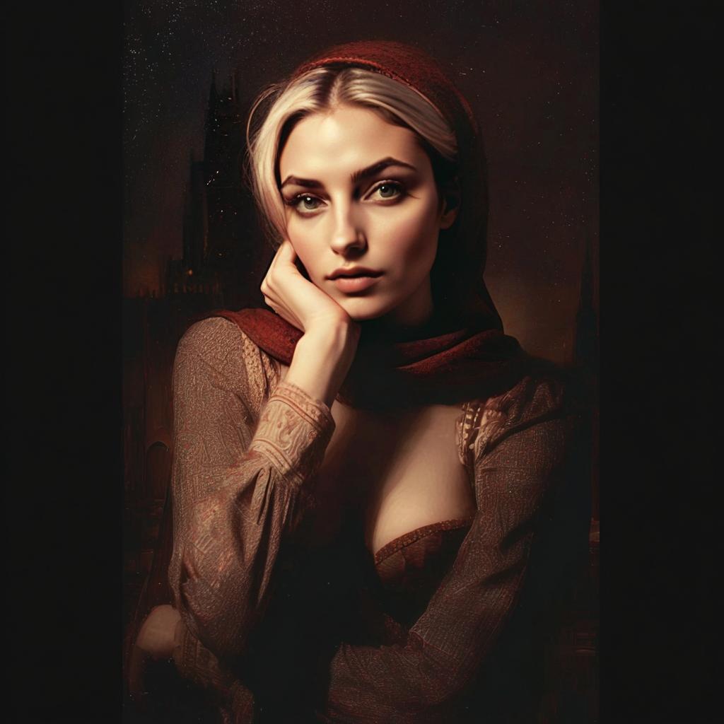 Renaissance Style Portrait of Woman in Red Headscarf and Embroidered Garment