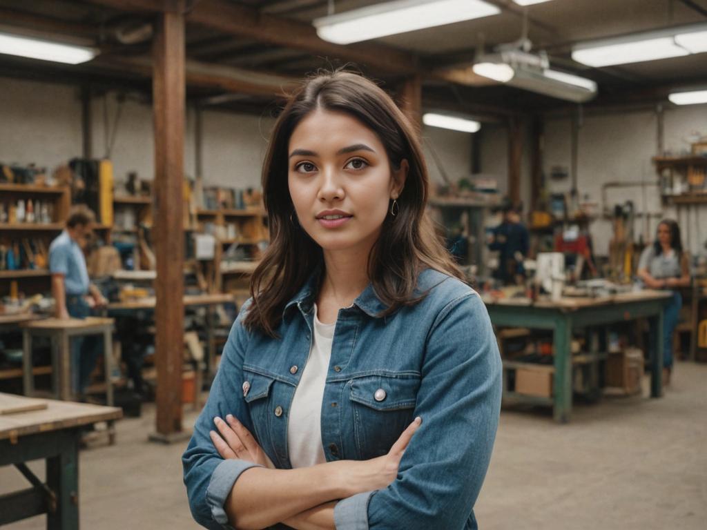 Confident Woman in Busy Workshop