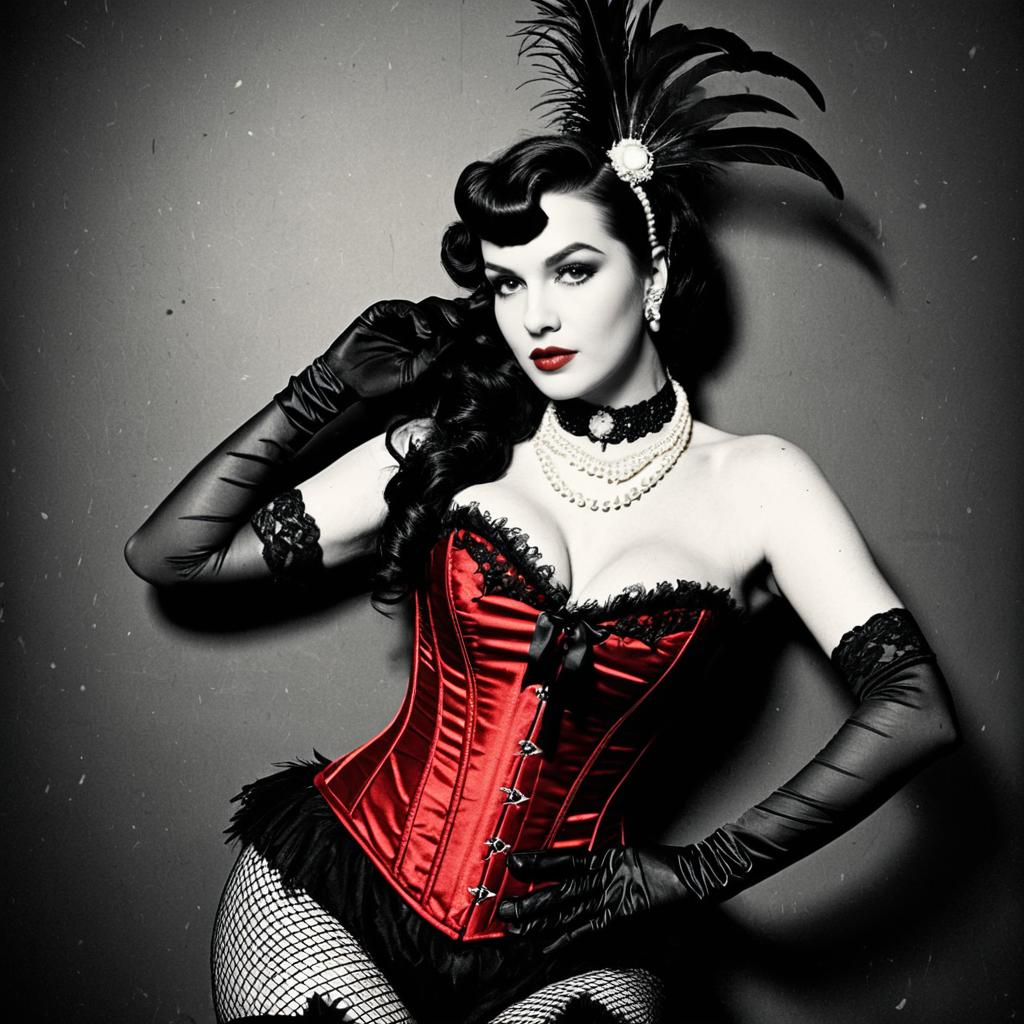 Vintage Burlesque Woman in Red Corset with Feathered Headpiece