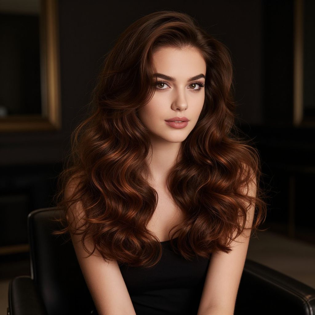 Elegant Young Woman with Voluminous Wavy Auburn Hair Portrait