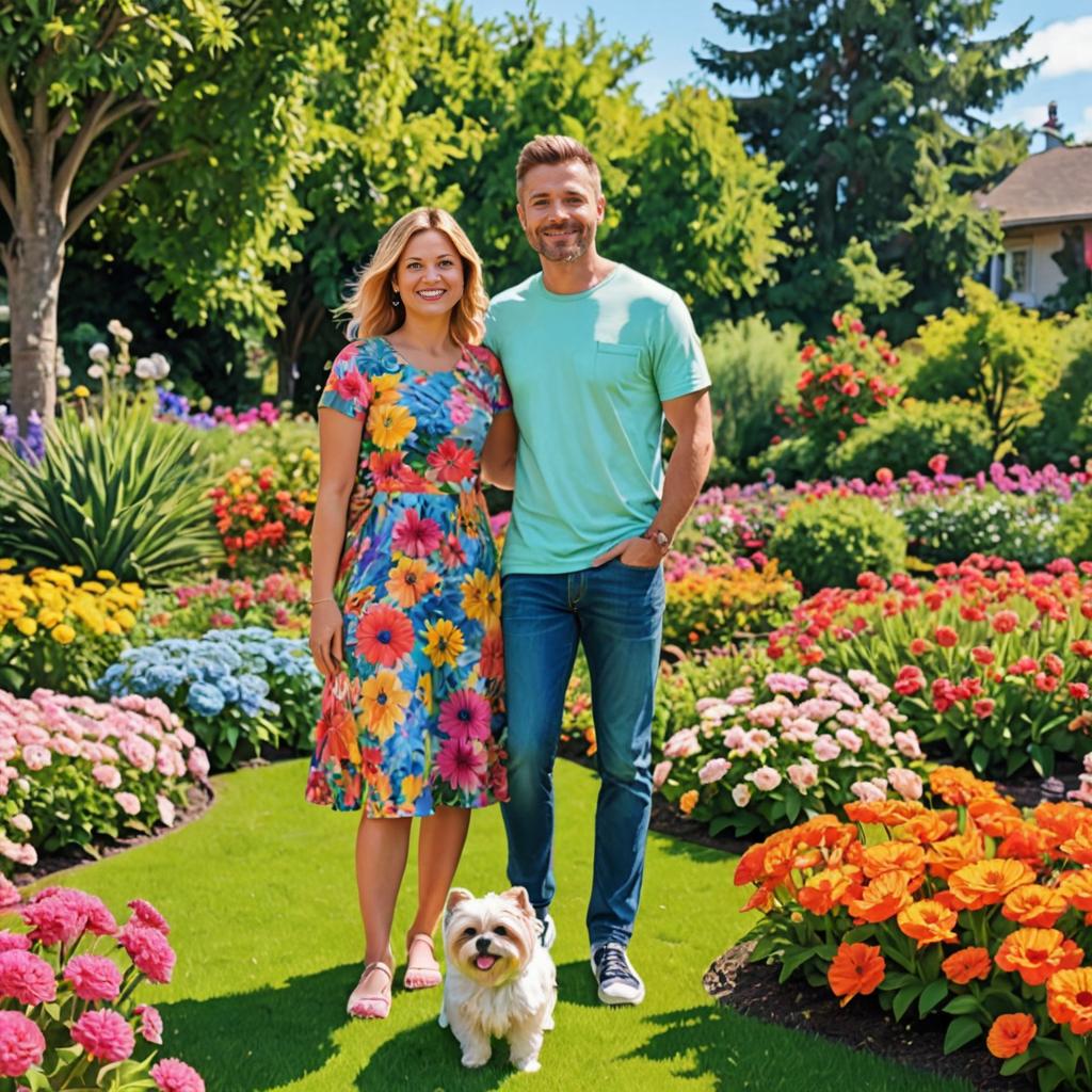 Smiling Couple in Garden with Dog