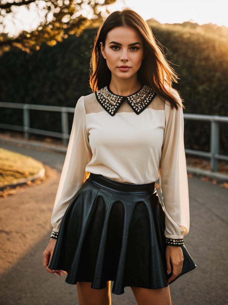 Woman Wearing Edgy Beige Blouse with Embellished Neckline and Sheer Long Sleeves