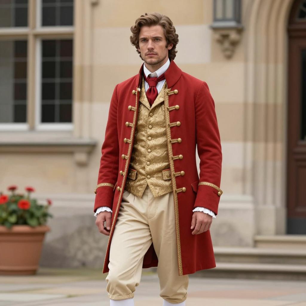 Man in 18th Century Historical Costume with Red Coat and Gold Waistcoat