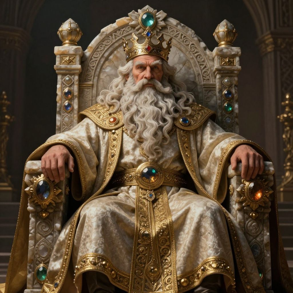 Elderly King in Golden Robe Sitting on Ornate Gemstone-Studded Throne