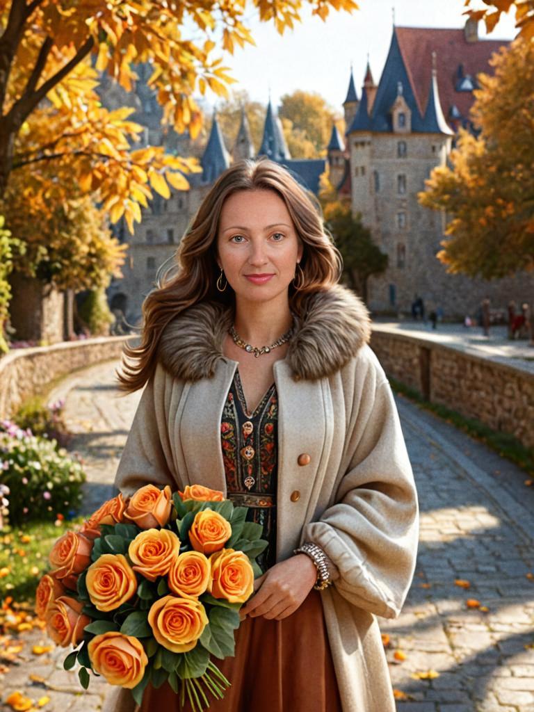 Woman with Orange Roses in Autumn Village