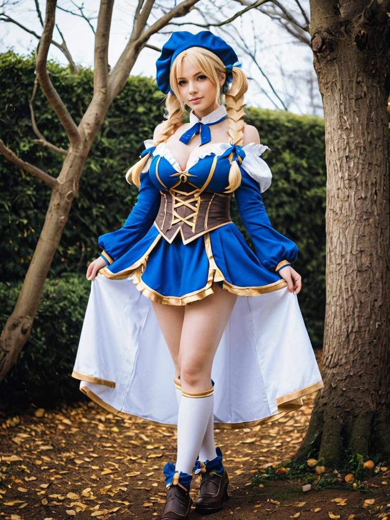 Granblue Fantasy Cosplay Woman in Blue and Gold Costume Outdoors
