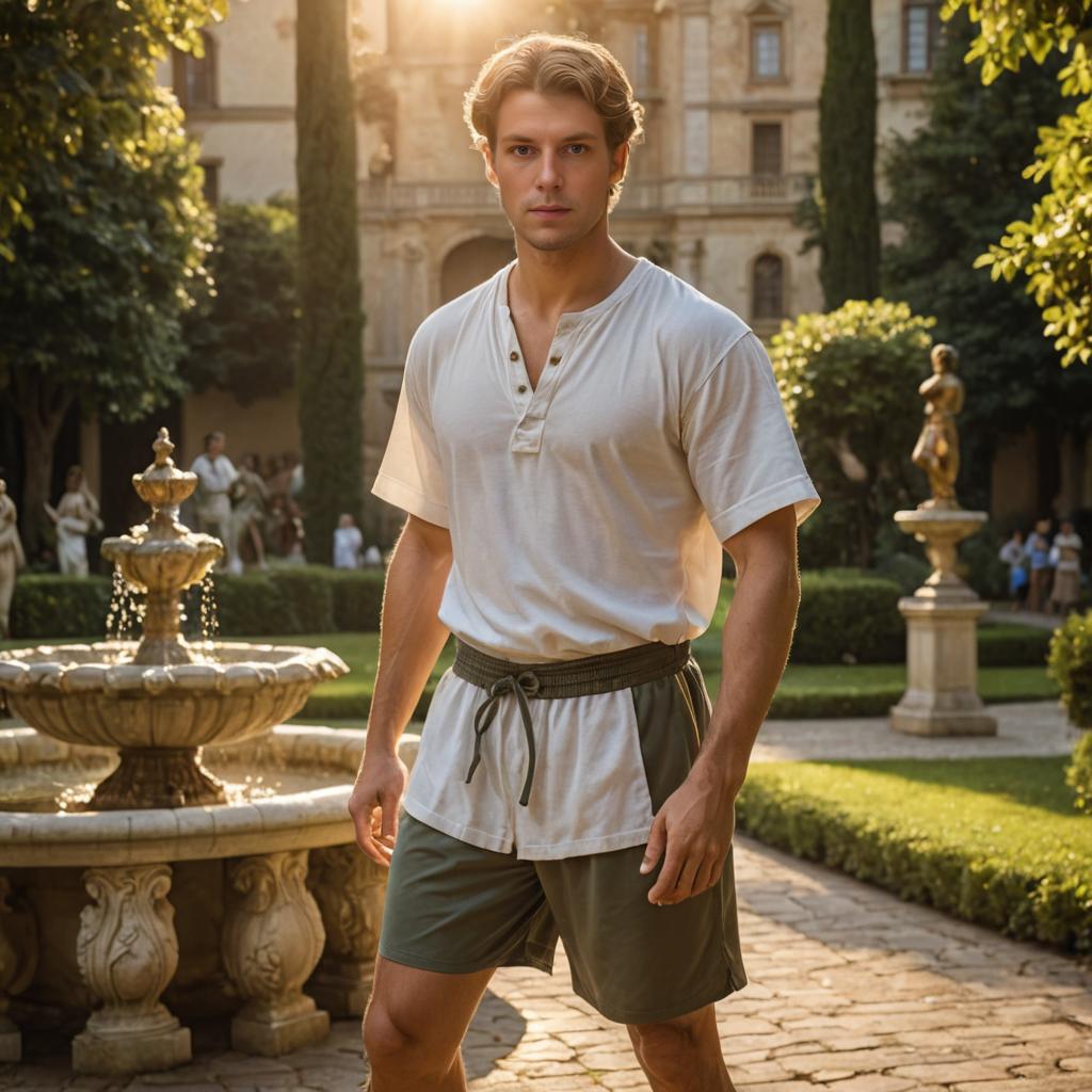 Stylish man in garden with fountain