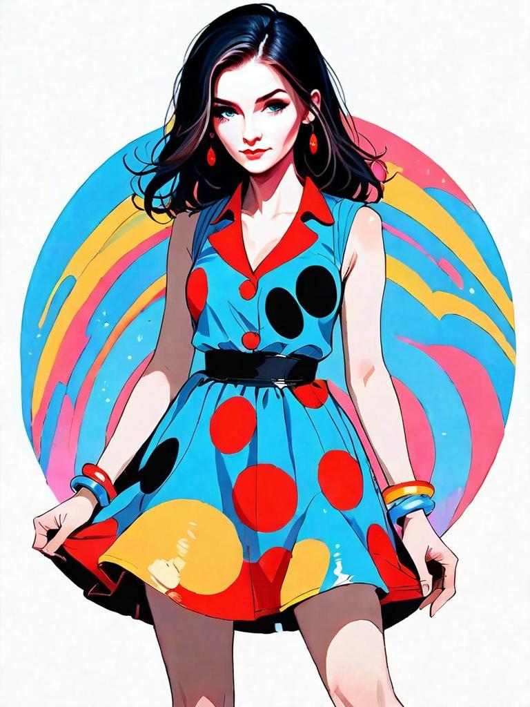Realistic Comic Style Woman in Colorful Polka Dot Dress Full Body Illustration