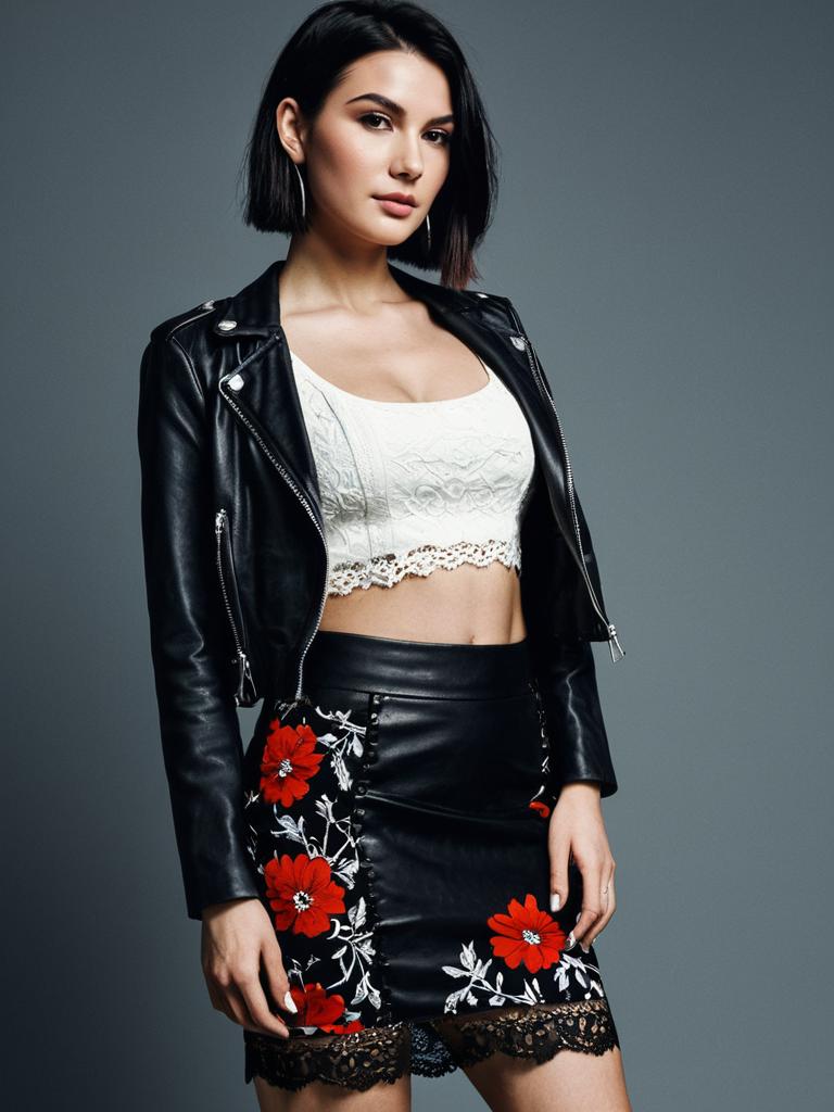 Stylish Woman in Black Leather Jacket and Floral Embroidered Skirt