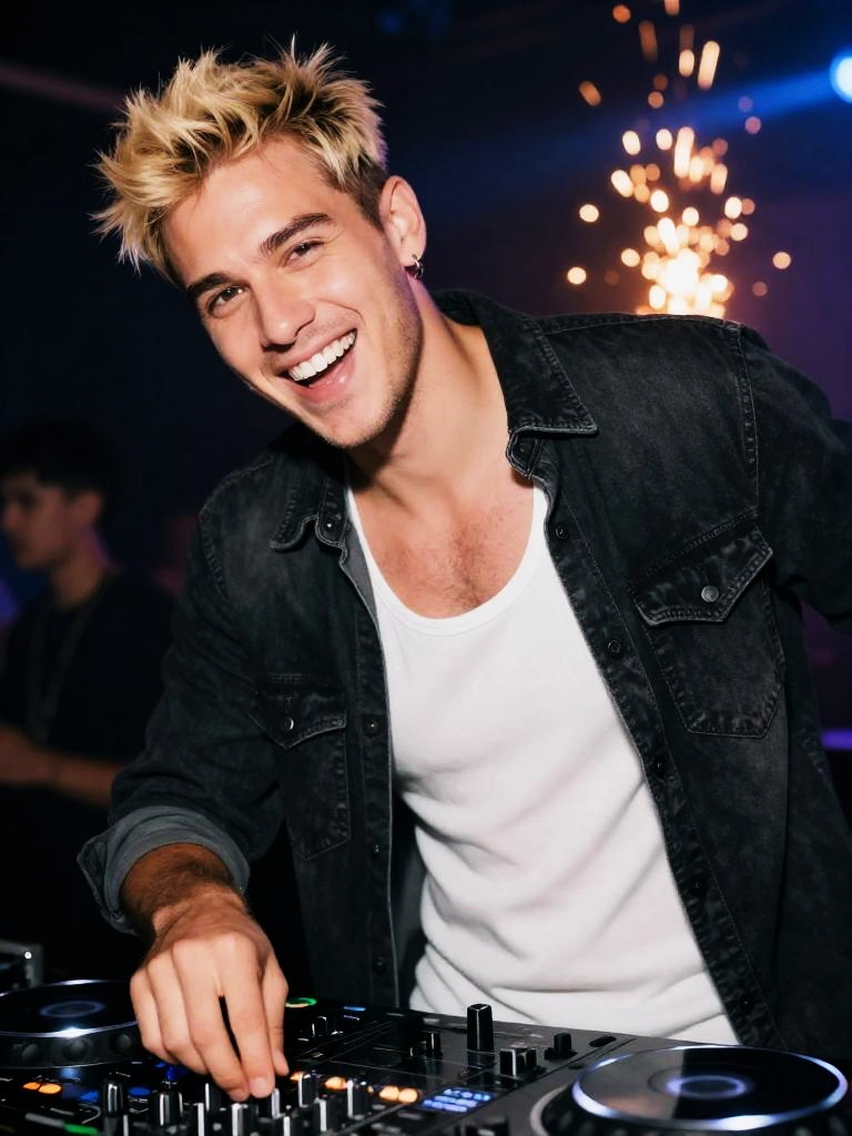 Smiling Young DJ with Blonde Hair Playing Music at Gen Z Party