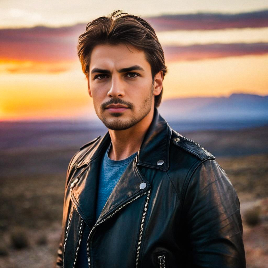 Young Man in Black Leather Jacket at Sunset Young Man in Black Leather Jacket at Sunset