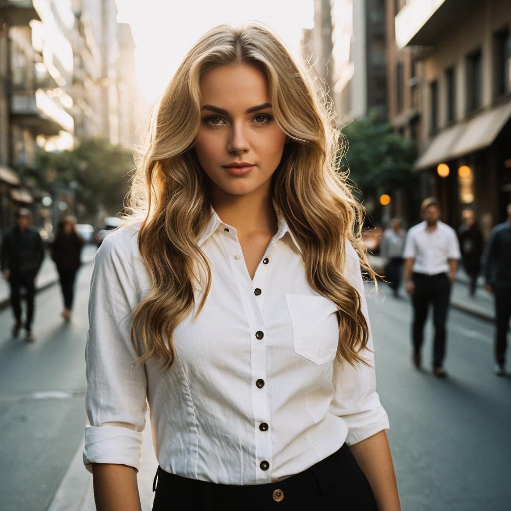 Confident Young Woman in White Shirt on City Street at Golden Hour