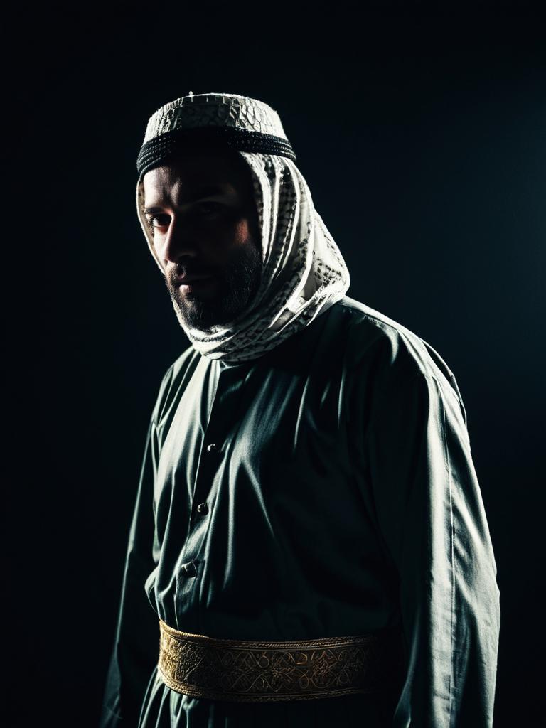 Man in Traditional Muslim Costume Waist Up Studio Photo with Dramatic Shadows