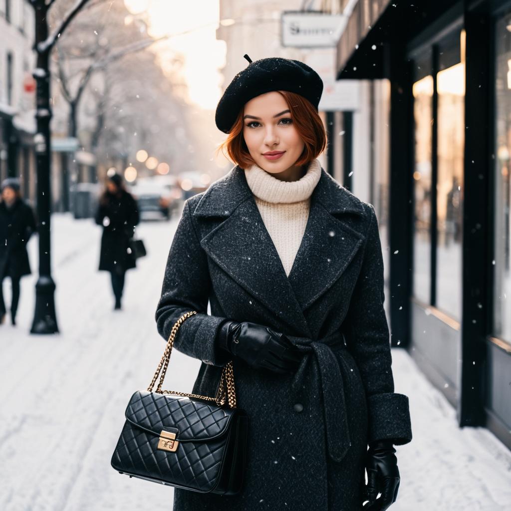 Elegant Woman in Winter Coat and Beret Carrying Black Quilted Handbag on Snowy City Street