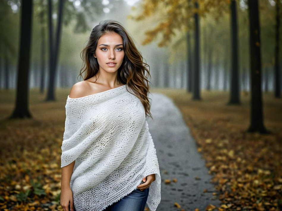 Confident Woman on Misty Autumn Path