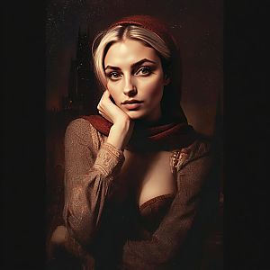 Renaissance Style Portrait of Woman in Red Headscarf and Embroidered Garment