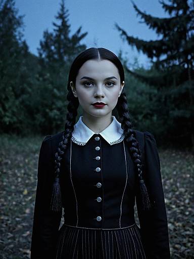 Photorealistic Outdoor Portrait of Woman in Wednesday Addams Costume