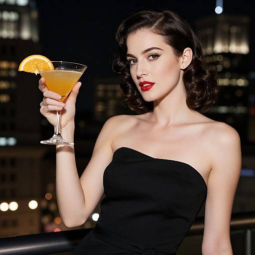 Glamorous Woman in Black Dress Holding Cocktail on City Night Balcony