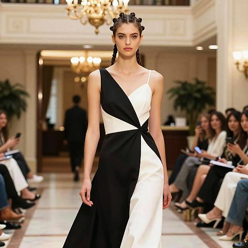 Monochrome Asymmetrical Dress on Woman at Fashion Runway Show