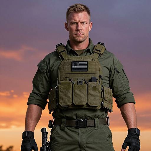 Tactical Military Man in Olive Green Uniform at Sunset